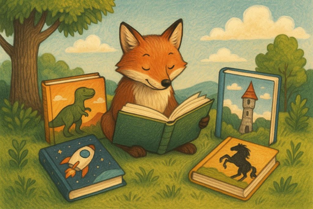 Colorful stack of classic children's books representing key categories in children's literature