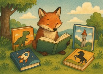 Colorful stack of classic children's books representing key categories in children's literature