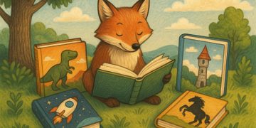 Colorful stack of classic children's books representing key categories in children's literature