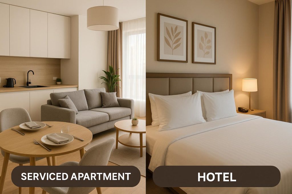 Modern serviced apartment living room with kitchen, highlighting comfort for travelers over hotels