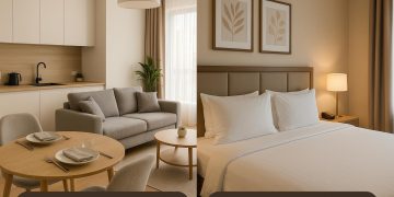 Modern serviced apartment living room with kitchen, highlighting comfort for travelers over hotels