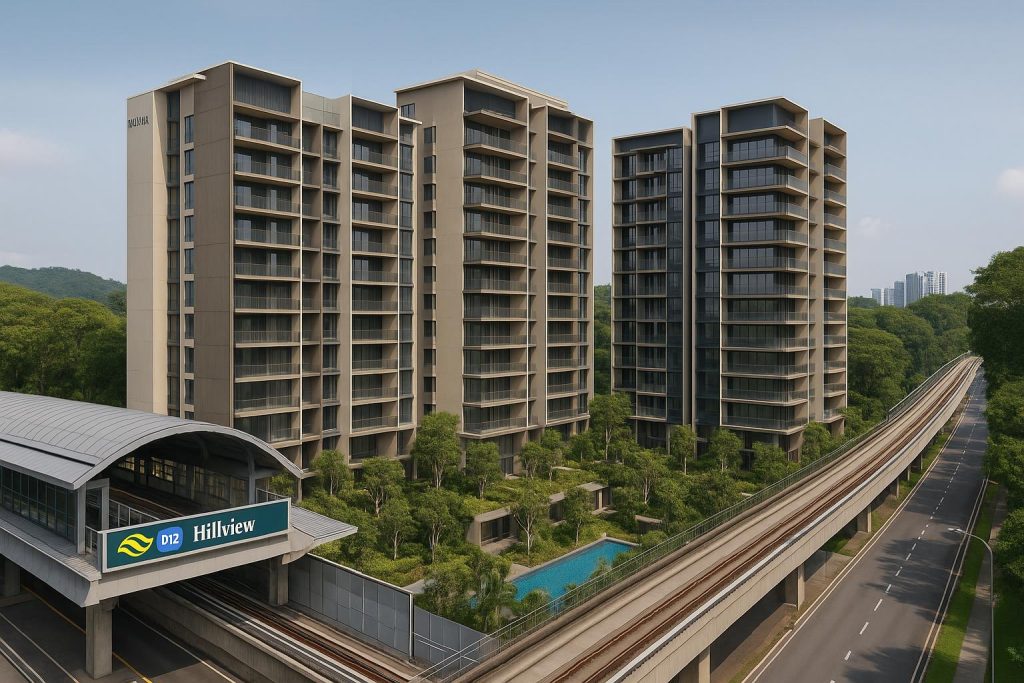 Narra Residences exterior showcasing proximity to Hillview MRT and Dairy Farm Walk amenities