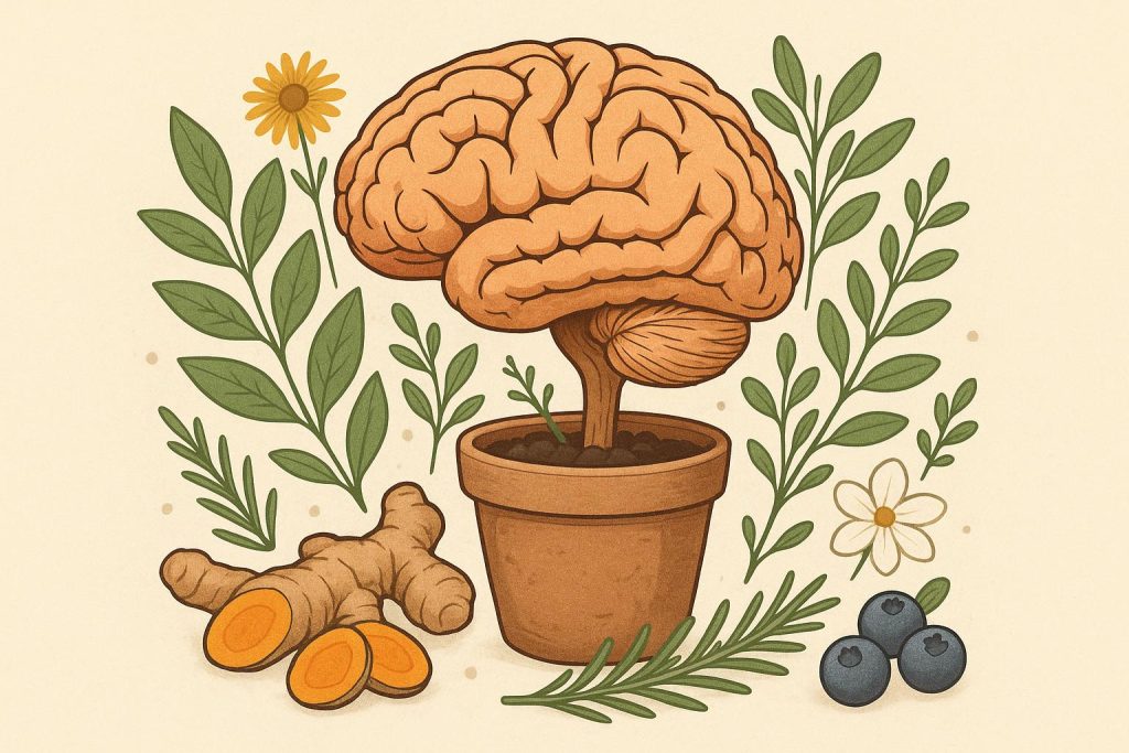 Herbal supplements, brain illustration, and fresh foods promoting cognitive health and wellness