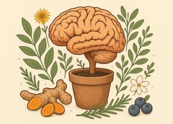 Herbal supplements, brain illustration, and fresh foods promoting cognitive health and wellness