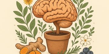 Herbal supplements, brain illustration, and fresh foods promoting cognitive health and wellness