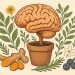 Herbal supplements, brain illustration, and fresh foods promoting cognitive health and wellness