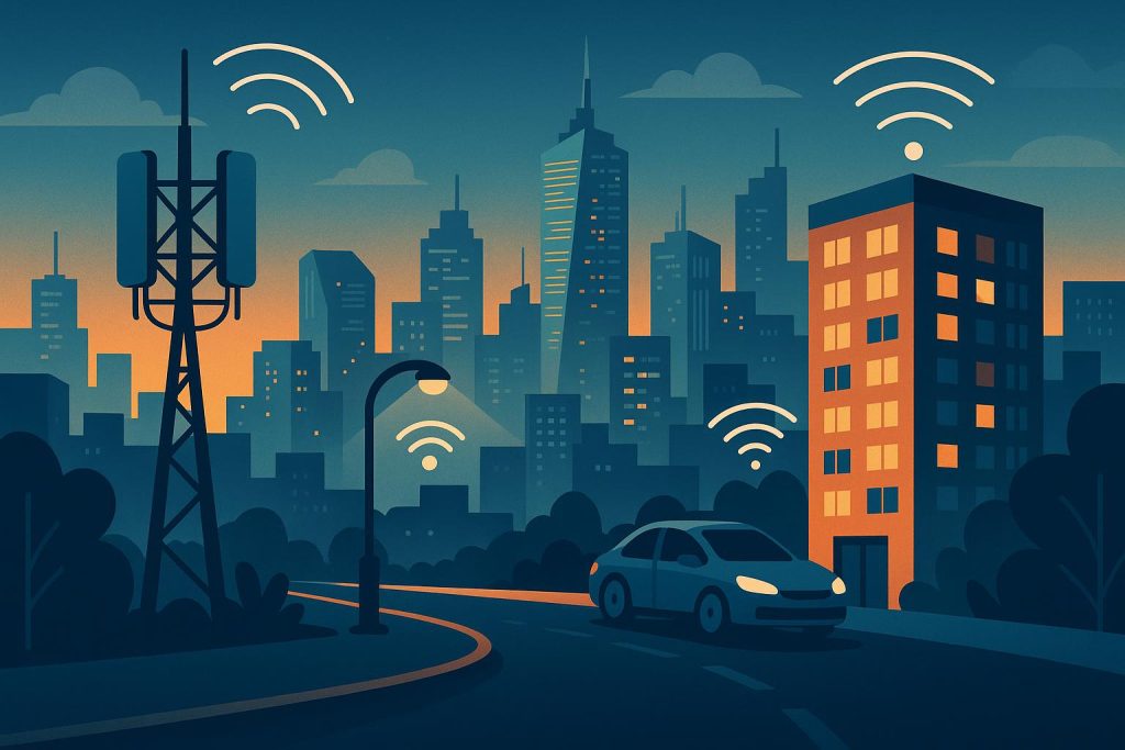 Modern cityscape with connected buildings illustrating telecoms and property industry integration