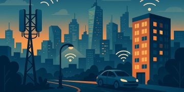 Modern cityscape with connected buildings illustrating telecoms and property industry integration