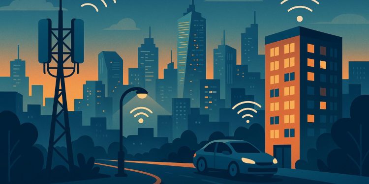 Modern cityscape with connected buildings illustrating telecoms and property industry integration