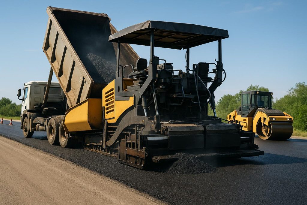 Asphalt paving machinery laying smooth road surface for efficient construction operations
