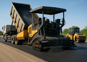 Asphalt paving machinery laying smooth road surface for efficient construction operations