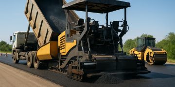 Asphalt paving machinery laying smooth road surface for efficient construction operations