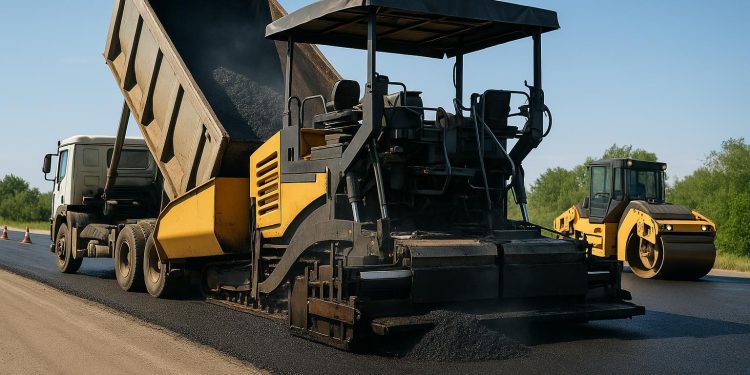 Asphalt paving machinery laying smooth road surface for efficient construction operations
