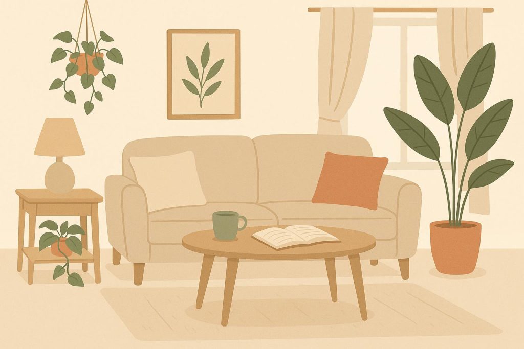 Peaceful family living room with cozy décor promoting calm and harmony at home