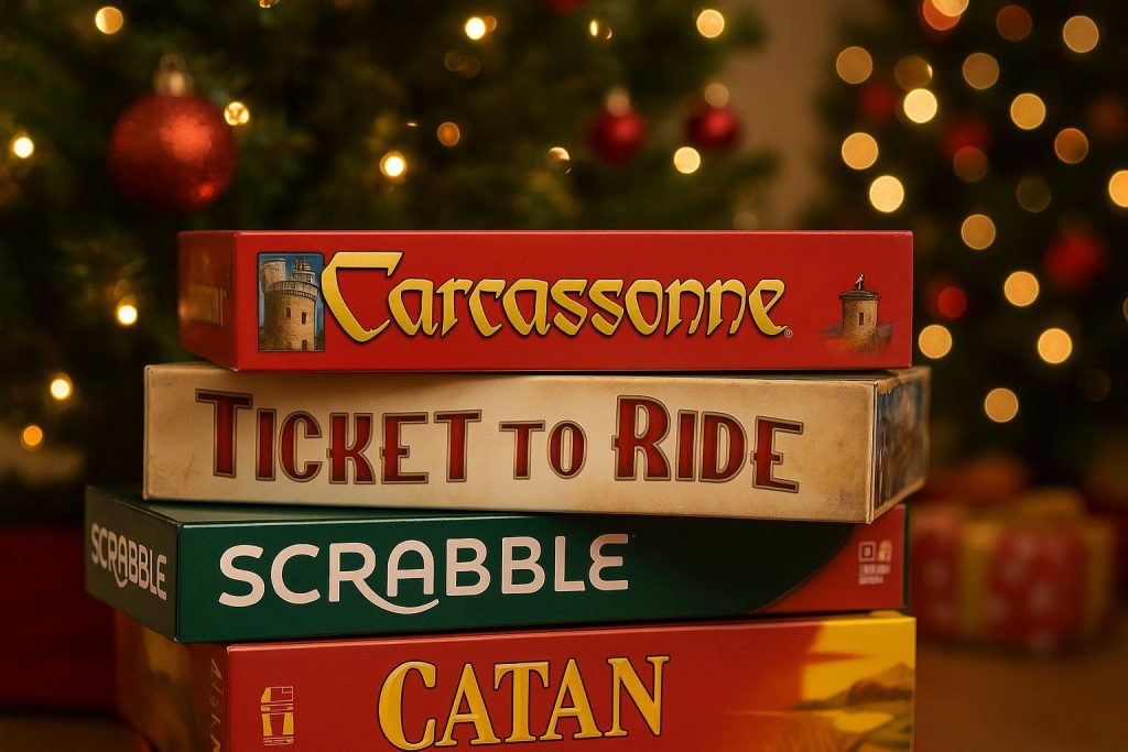 Colorful board games and festive decorations arranged on a table for Christmas holiday fun