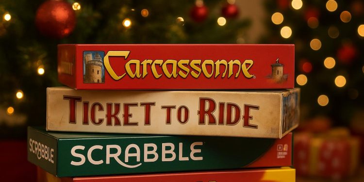 Colorful board games and festive decorations arranged on a table for Christmas holiday fun