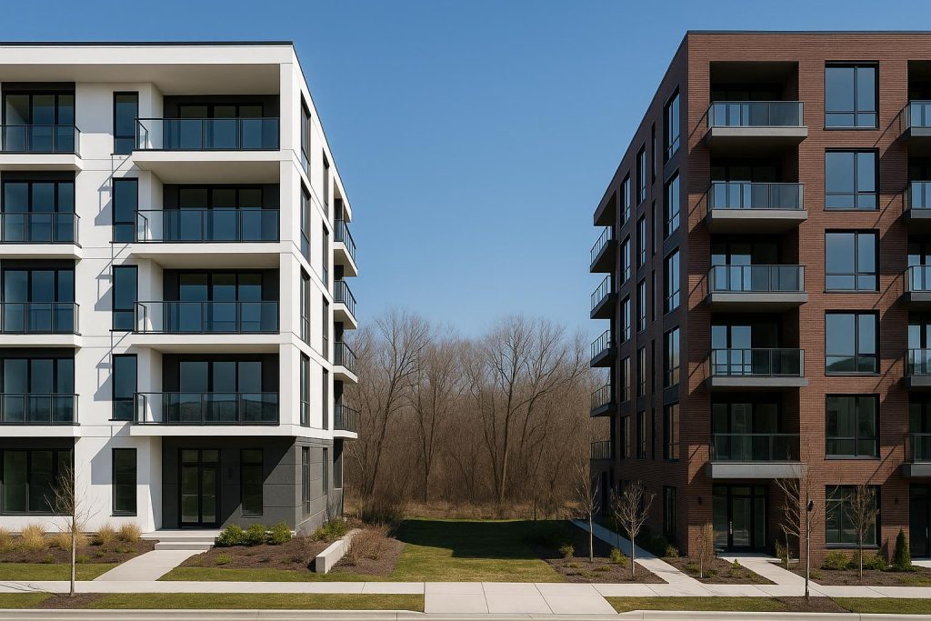 Modern condominium buildings representing The Continuum and River Modern for investment comparison