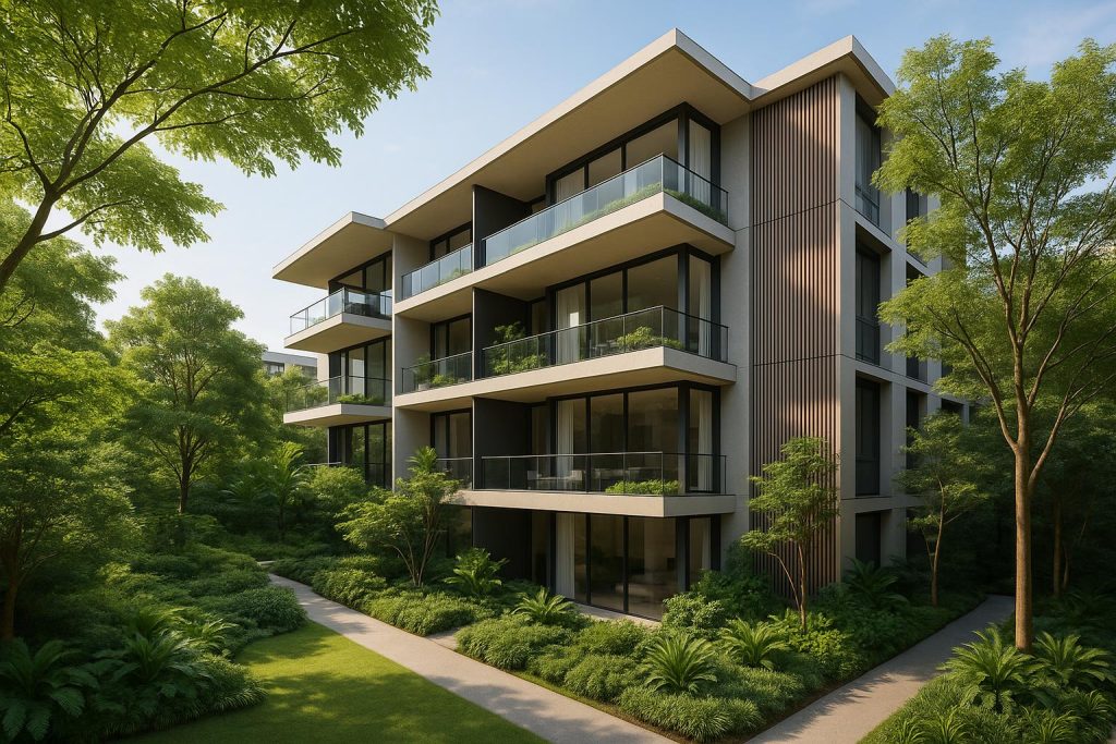 Lush greenery surrounds modern luxury residences in Newton, showcasing sophisticated living.