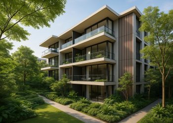 Lush greenery surrounds modern luxury residences in Newton, showcasing sophisticated living.