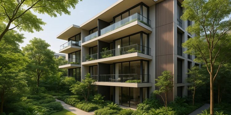 Lush greenery surrounds modern luxury residences in Newton, showcasing sophisticated living.