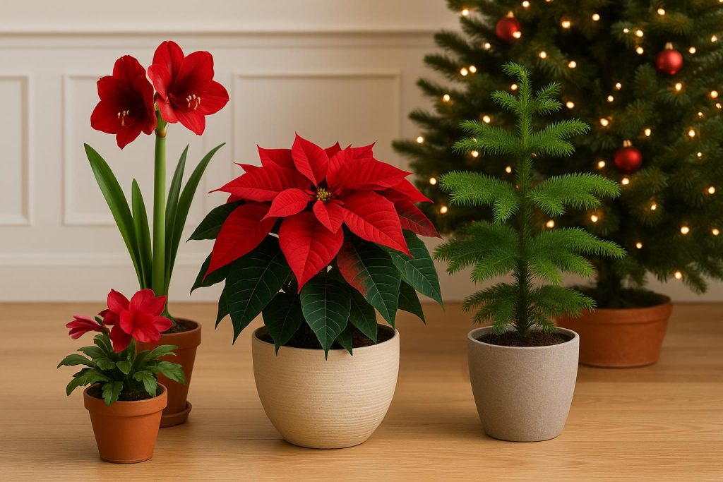 Poinsettia, Christmas cactus, amaryllis, and holly arranged as festive indoor plants