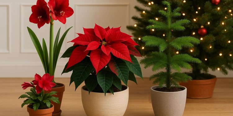 Poinsettia, Christmas cactus, amaryllis, and holly arranged as festive indoor plants