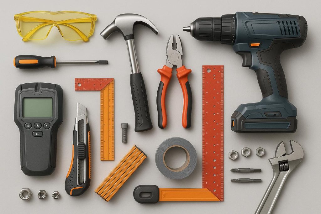 Assorted DIY home repair tools including hammer, screwdriver, wrench, and drill on a workbench