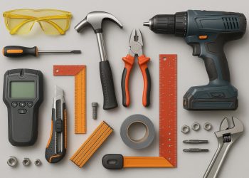 Assorted DIY home repair tools including hammer, screwdriver, wrench, and drill on a workbench