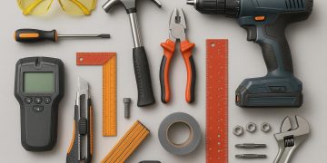 Assorted DIY home repair tools including hammer, screwdriver, wrench, and drill on a workbench