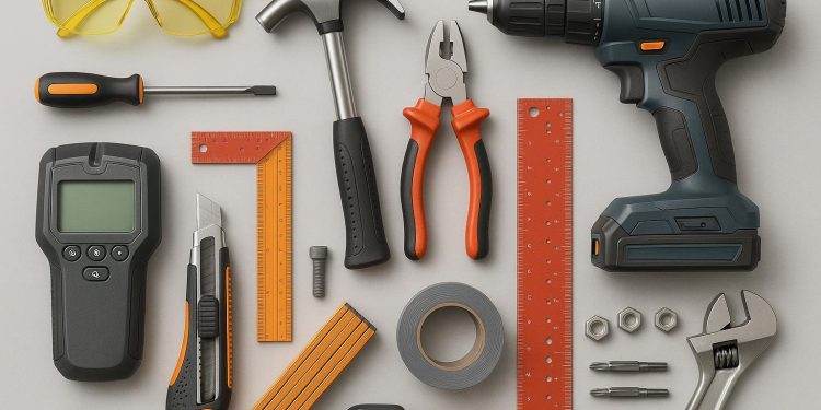 Assorted DIY home repair tools including hammer, screwdriver, wrench, and drill on a workbench