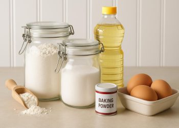 Assorted baking essentials like flour, sugar, and baking powder arranged on a kitchen counter