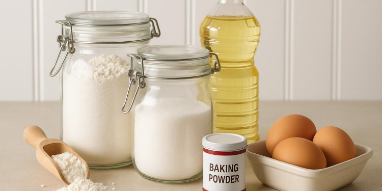 Assorted baking essentials like flour, sugar, and baking powder arranged on a kitchen counter