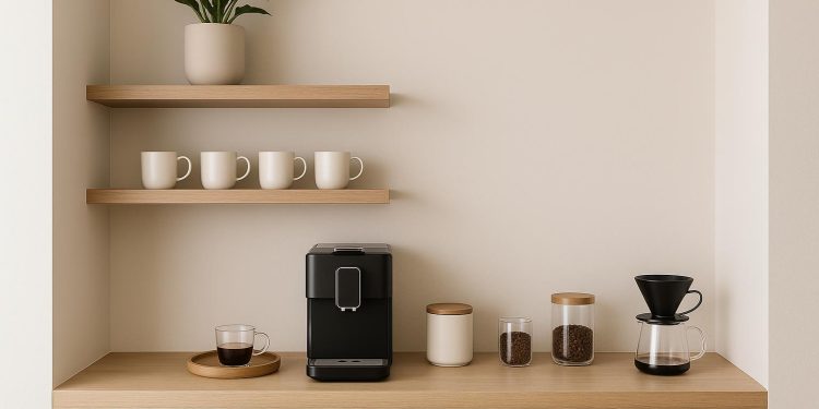 Modern minimalist coffee nook with compact espresso machine, open shelving, and stylish mugs
