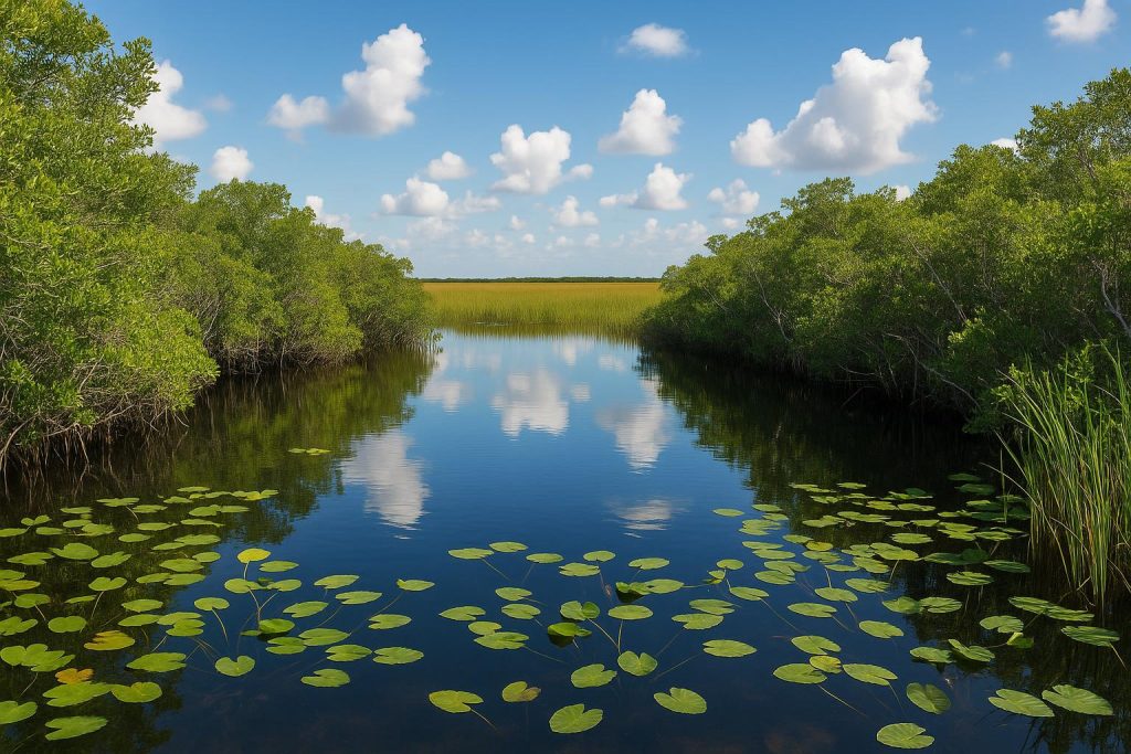 Scenic Everglades National Park wetlands with lush greenery and waterways under blue sky