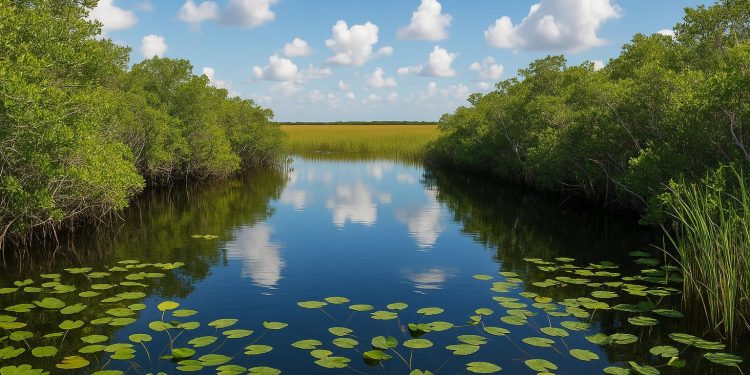 Scenic Everglades National Park wetlands with lush greenery and waterways under blue sky