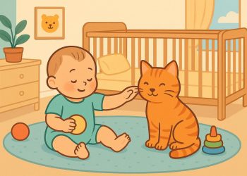 Young child playing with a dog at home, showing care and bonding between kids and pets