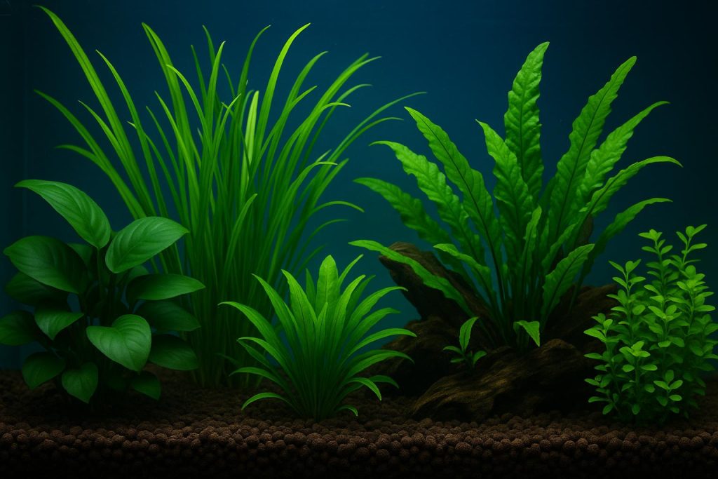 Low-maintenance aquatic plants thriving in a freshwater aquarium with colorful fish