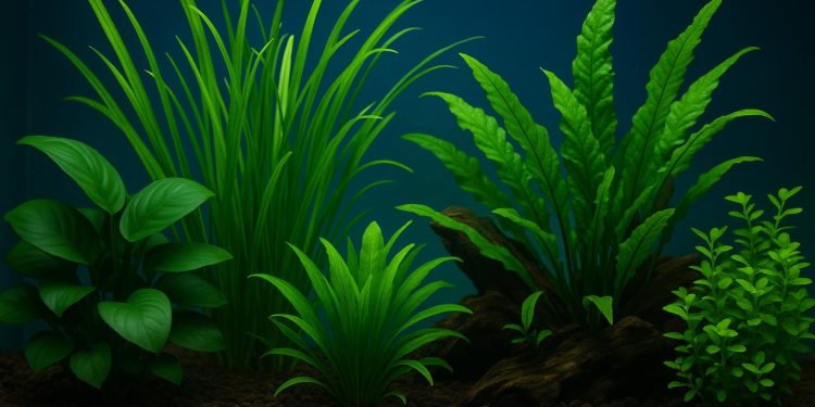 Low-maintenance aquatic plants thriving in a freshwater aquarium with colorful fish