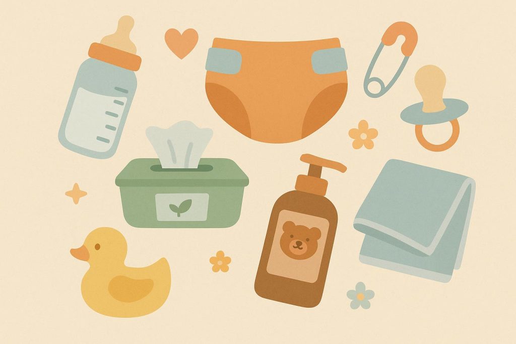 Newborn baby wrapped in a blanket with pacifier, showcasing essential baby care for new parents