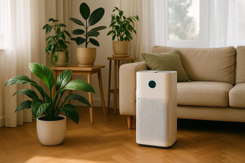 Indoor plants and open windows promoting fresh, clean air circulation in a modern living room