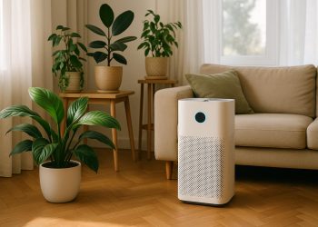 Indoor plants and open windows promoting fresh, clean air circulation in a modern living room