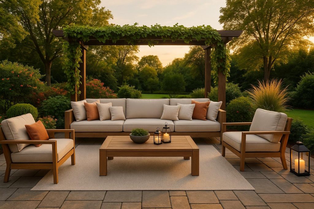 Modern outdoor living room with stylish furniture, cozy lighting, and lush greenery on a patio