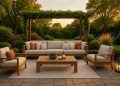 Modern outdoor living room with stylish furniture, cozy lighting, and lush greenery on a patio