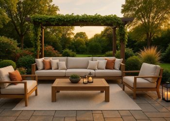 Modern outdoor living room with stylish furniture, cozy lighting, and lush greenery on a patio