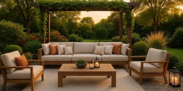 Modern outdoor living room with stylish furniture, cozy lighting, and lush greenery on a patio