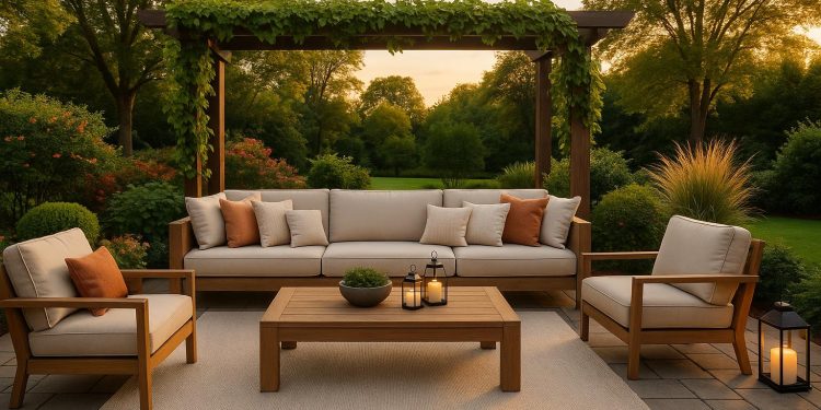 Modern outdoor living room with stylish furniture, cozy lighting, and lush greenery on a patio