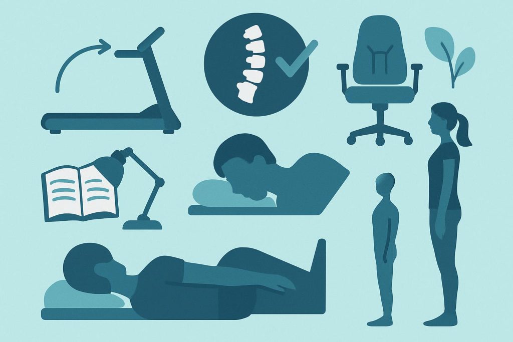 Man sitting upright at a desk practicing good posture with ergonomic office setup