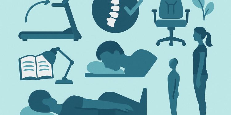 Man sitting upright at a desk practicing good posture with ergonomic office setup