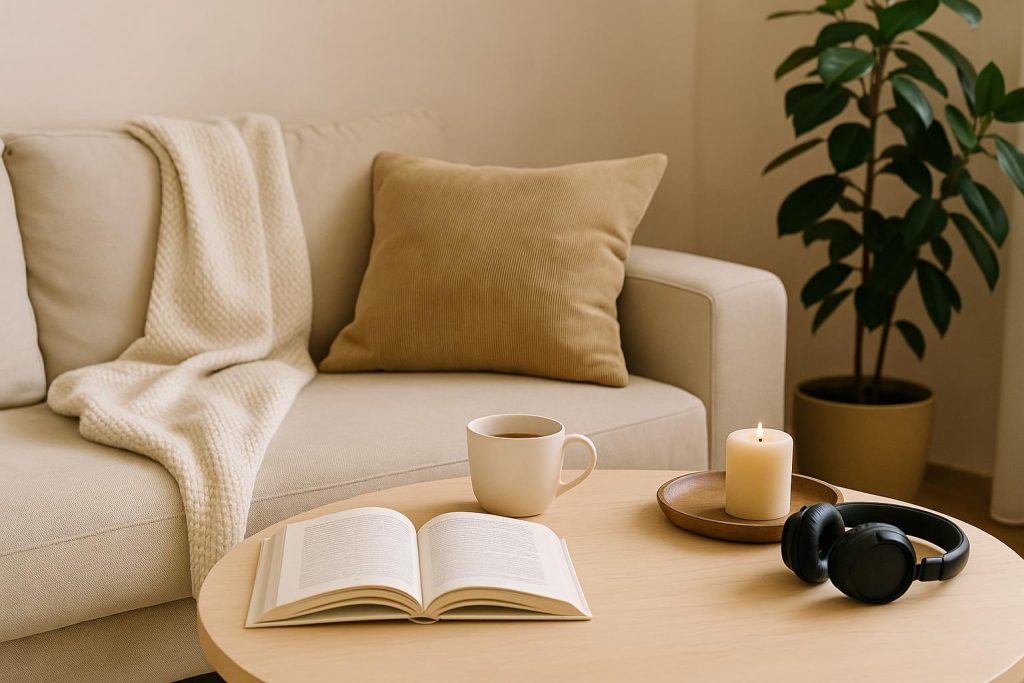 Cozy living room with soft lighting, houseplants, and books creating a relaxing home atmosphere