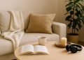 Cozy living room with soft lighting, houseplants, and books creating a relaxing home atmosphere